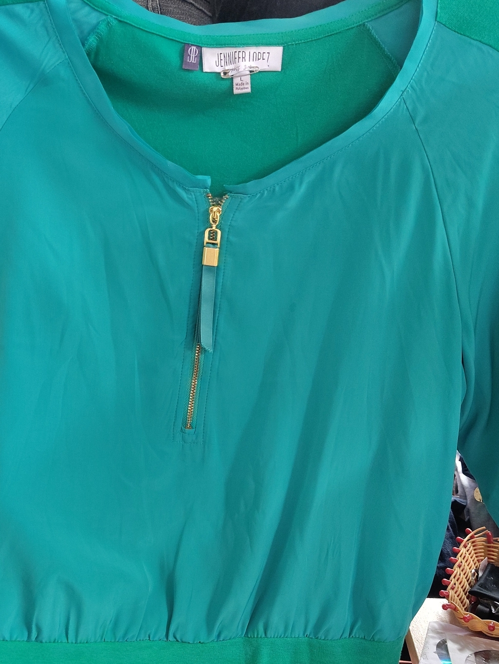 Jennifer Lopez Teal Zip-Front Blouse with Gold Hardware